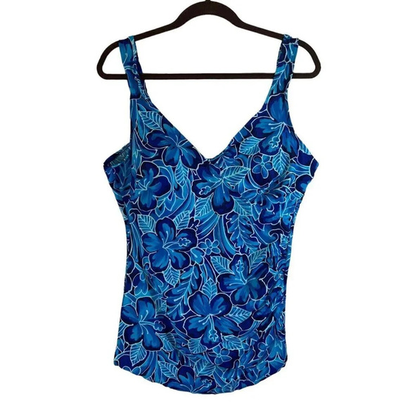 Maxine of Hollywood Vintage Blue Bathing Suit Plus 20W Floral V Neck One Piece - Picture 1 of 10
